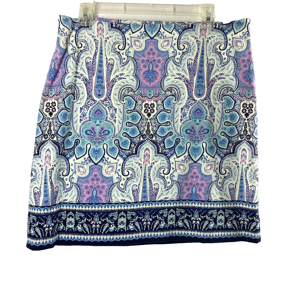 Talbots A Line‎ Skirt Womens Size 12 Blue Pink Artsy Print Cotton Blend Office